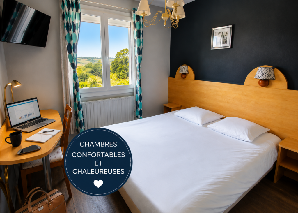 Chambre avec espace de travail, ordinateur portable et Wi-Fi gratuit à l'Hôtel Café de Paris à Barneville-Carteret