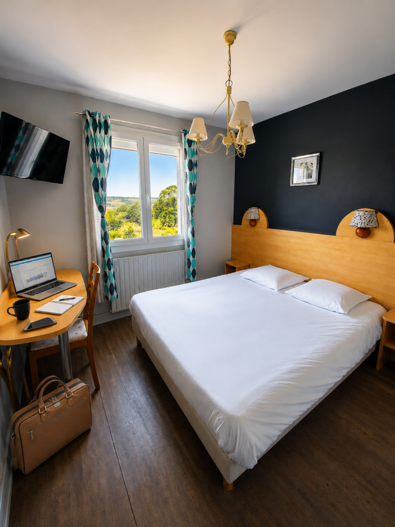Chambre avec espace de travail, ordinateur portable et Wi-Fi gratuit à l'Hôtel Café de Paris à Barneville-Carteret