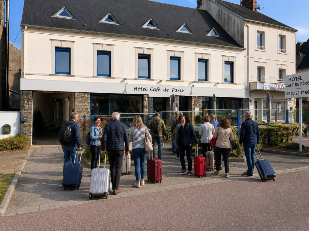 Groupe de voyageurs arrivant à l'Hôtel Café de Paris avec leurs bagages à Barneville-Carteret
