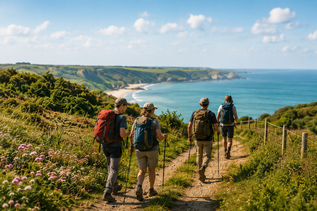 Randonneurs sur le sentier des douaniers face à la mer près de Barneville-Carteret dans le Cotentin.