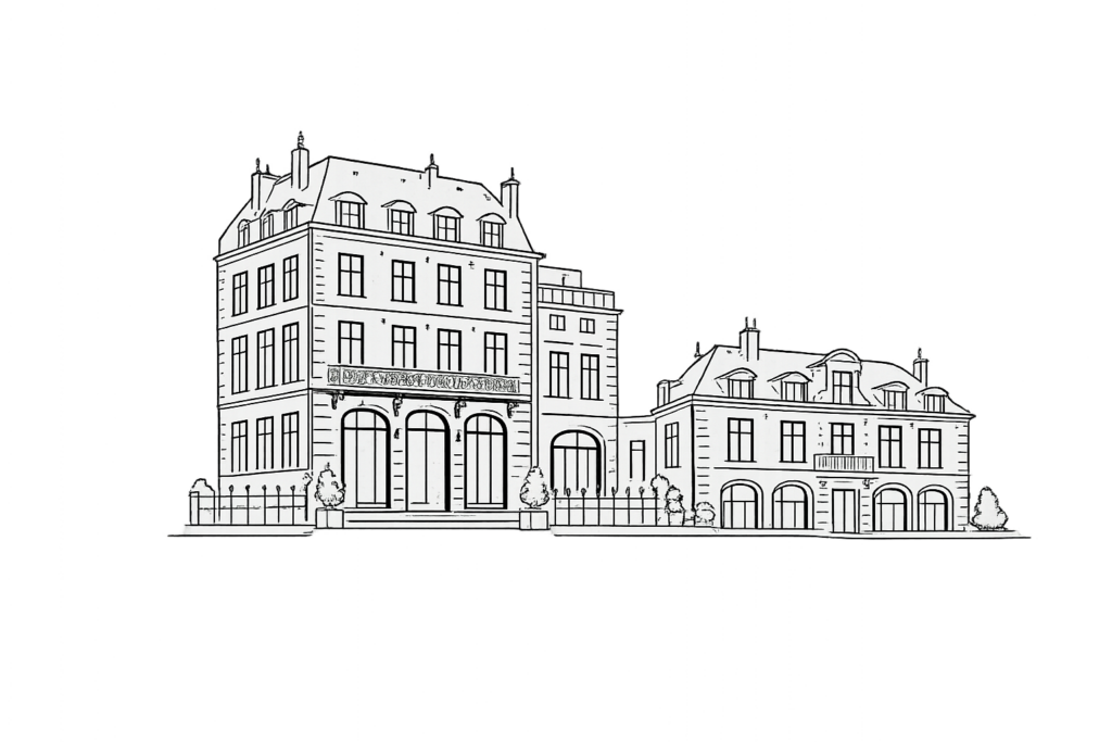 Illustration en esquisse des bâtiments de l'Hôtel Café de Paris à Barneville-Carteret en Normandie.