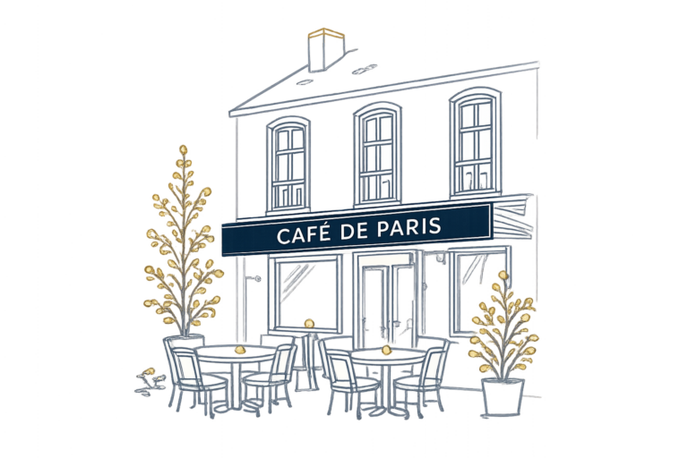 Esquisse de la façade de l'Hôtel Café de Paris avec sa terrasse à Barneville-Carteret.