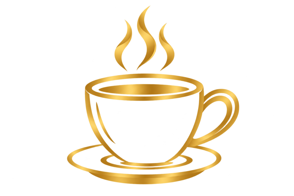 Pictogramme doré d'une tasse de café fumante pour le petit-déjeuner